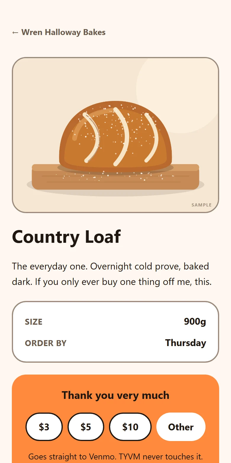The Country Loaf page: a large picture, a short description, its size and order-by day, and a thank-you box.
