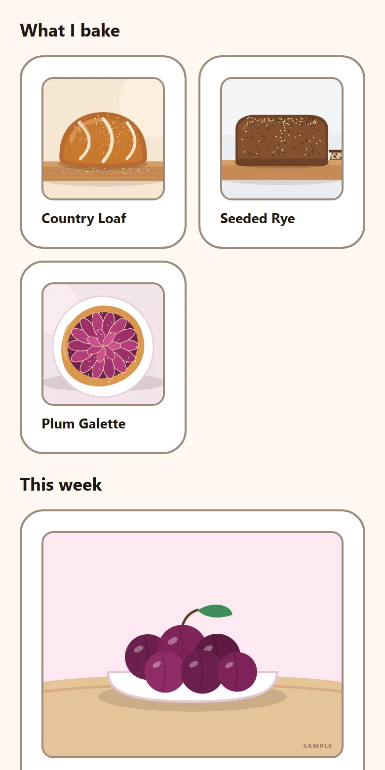 The "What I bake" section of the example page: three cards with pictures, Country Loaf, Seeded Rye and Plum Galette.