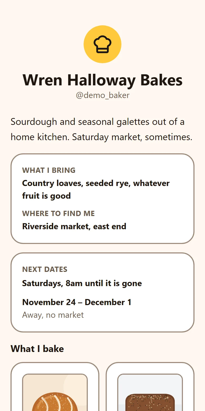 An example TYVM page for a baker, made up for this site, in the Clementine theme.