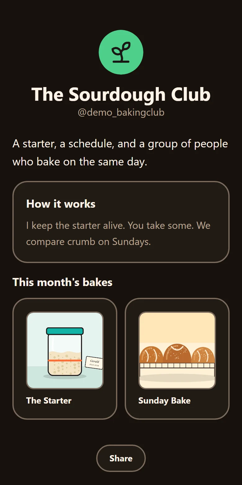 An example TYVM page for a baking club, made up for this site, in the Campfire theme.