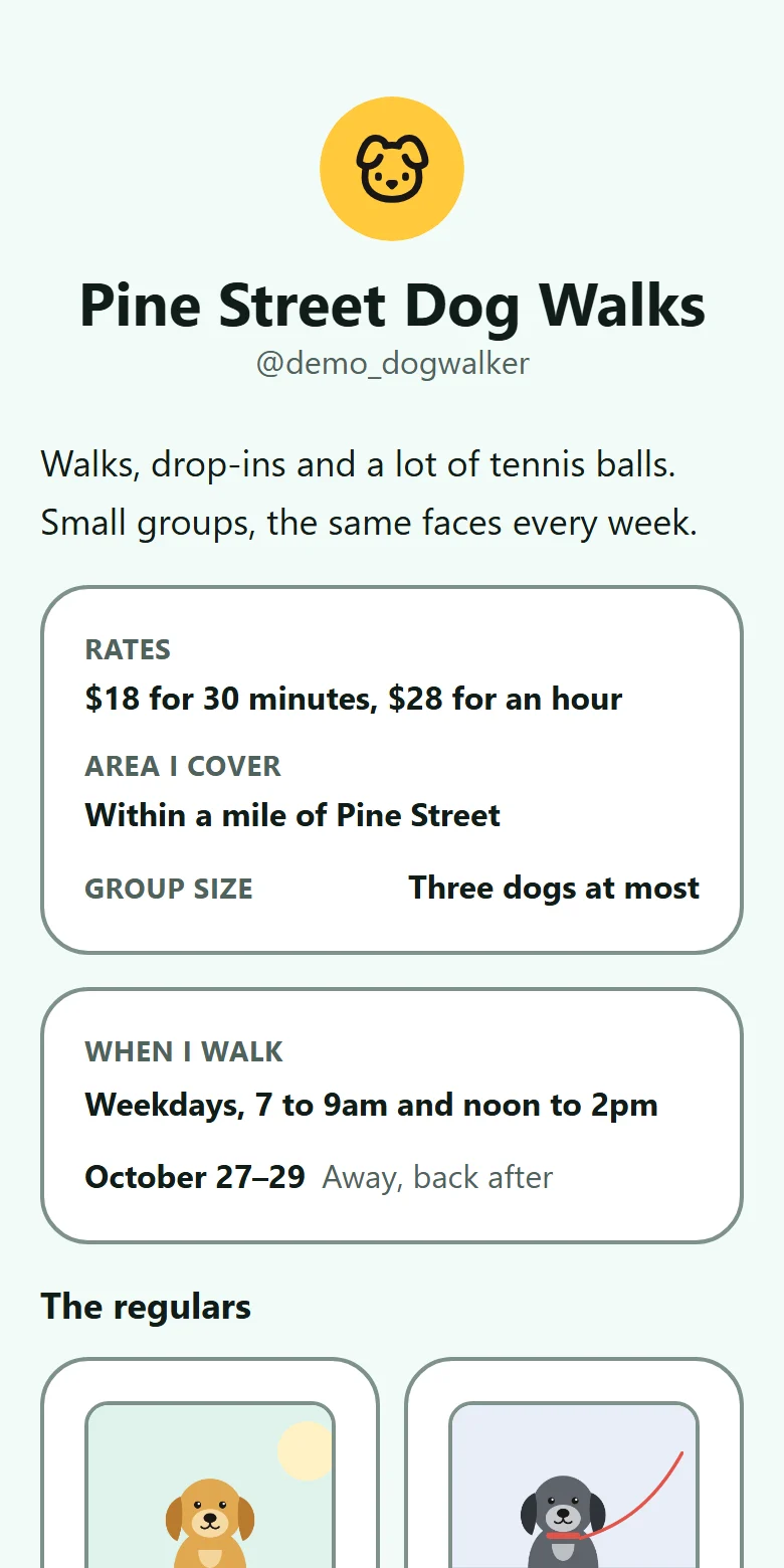 An example TYVM page for a dog walker, made up for this site, in the Seafoam theme.