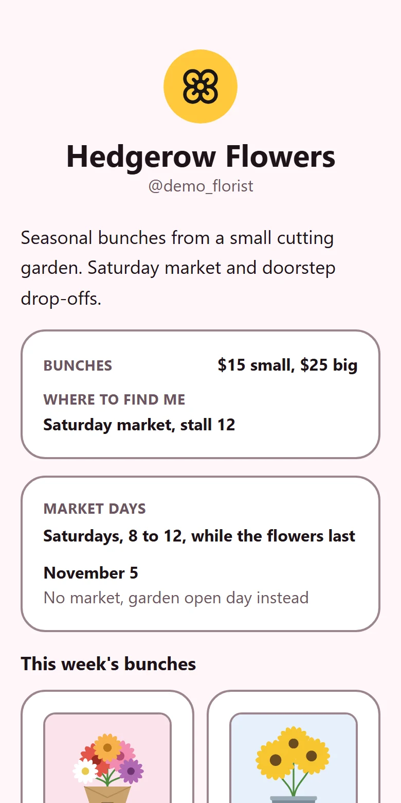 An example TYVM page for a market florist, made up for this site, in the Bubblegum theme.