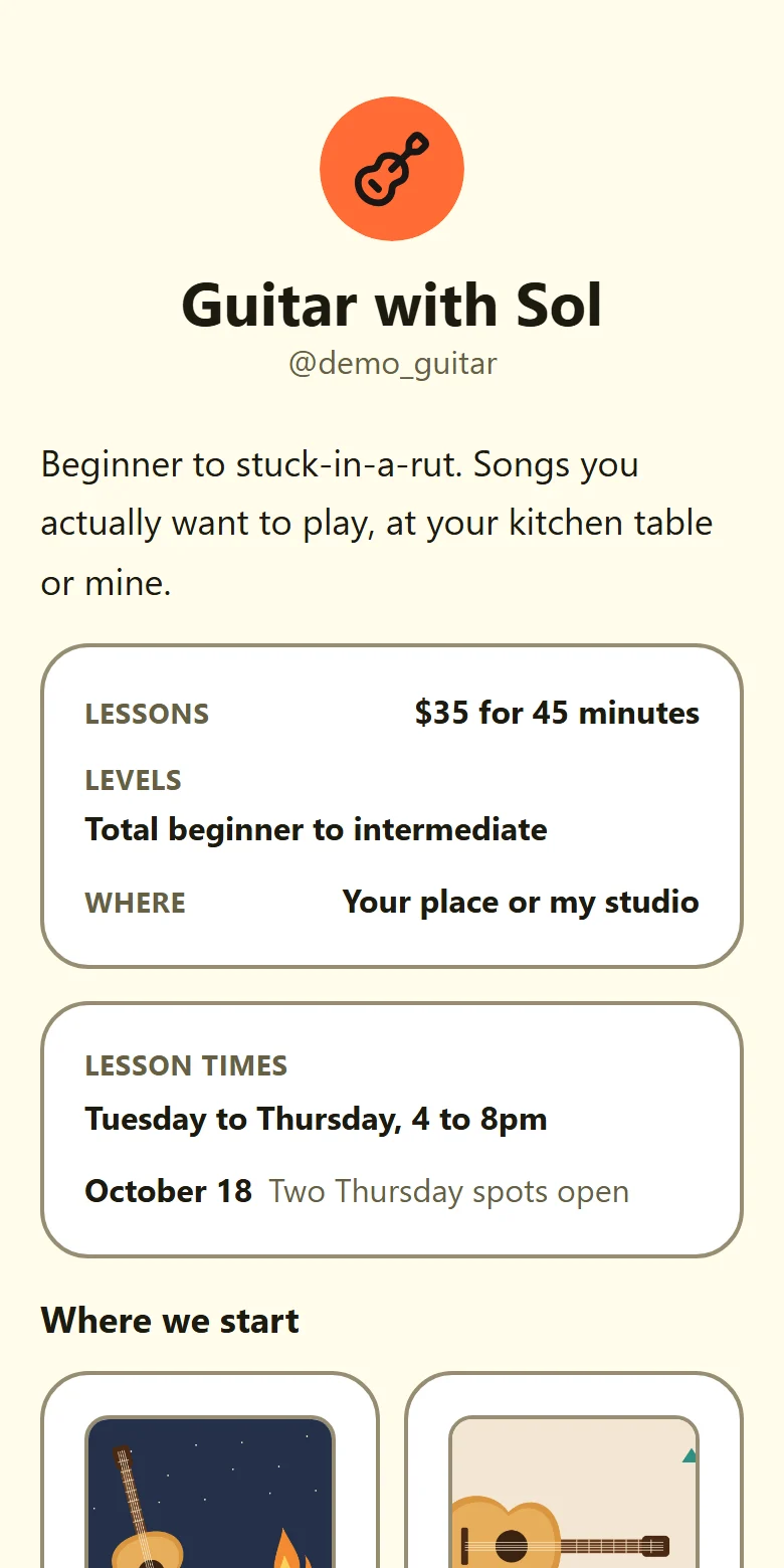 An example TYVM page for a guitar teacher, made up for this site, in the Lemonade theme.